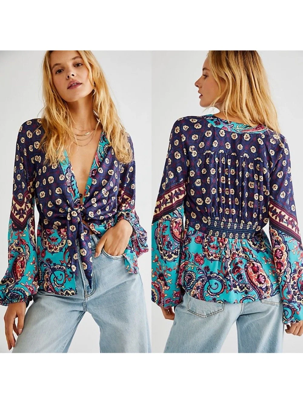 Free people multi print satin tie button long sleeve blouse size small
